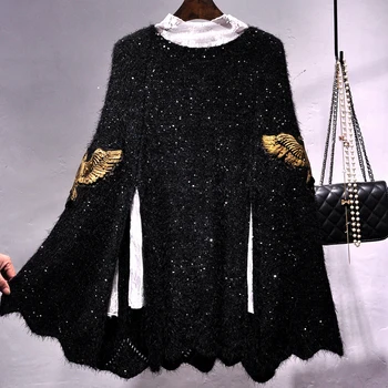 

2018 New Spring Autumn Women's Swing Sweater Sequins Wrap Embroidery Ruffles Sweater Fashion Elegant Loose Sweater Coats YP0779