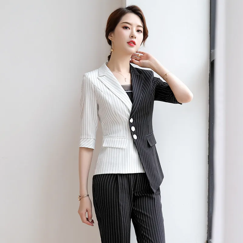England Style White Black Striped Blazer Women Elegant Office Suit Ladies Work Suits Women Blazer Half Sleeve Stitching jacket