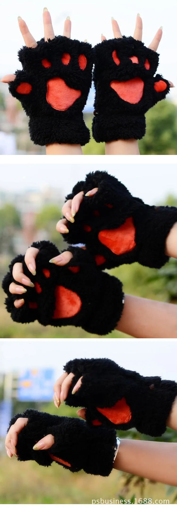 Перчатки Devil's-claw, зимние, милые, с мультяшным котенком, для девушек, студенток, без пальцев, утепленные перчатки, с ворсом, с медвежьими лапами, перчатки на половину пальцев