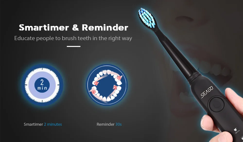 SEAGO SG - 949 Sonic Electric Toothbrush with Smartimer 5 Brushing Modes 3 Brush Heads