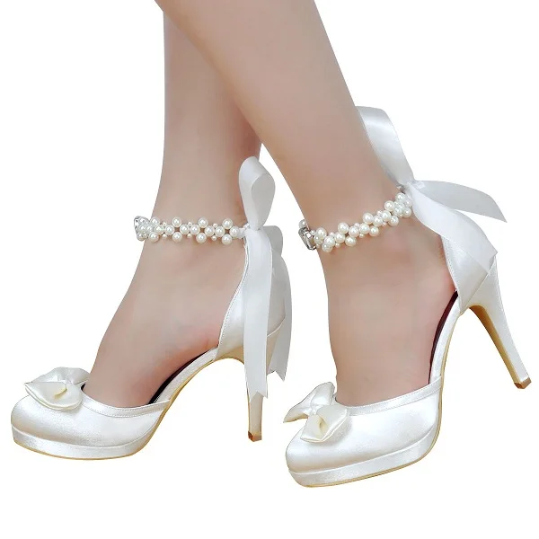 Туфли женские Свадебное на высоком каблуке на платформе с круглым носком Атласное платье с ремешком на лодыжке Туфли - Цвет: ivory