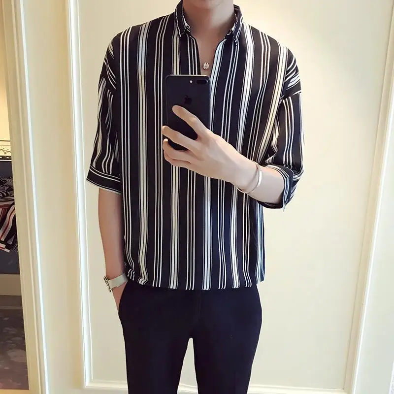 

LOLDEAL Summer Five-point Sleeve Shirt Social Guy Vertical Stripes V-neck Sleeve Shirt Men's Casual Fashion Loose Shirt