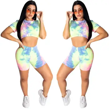 

Hot Sale Sexy Dye Print O Neck Short Sleeve Short Top With Shorts Suits Women Two Pieces Casual Set