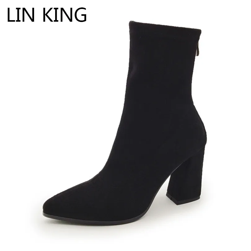 LIN KING/Новинка Женские зимние сапоги до середины икры на высоком каблуке Модные