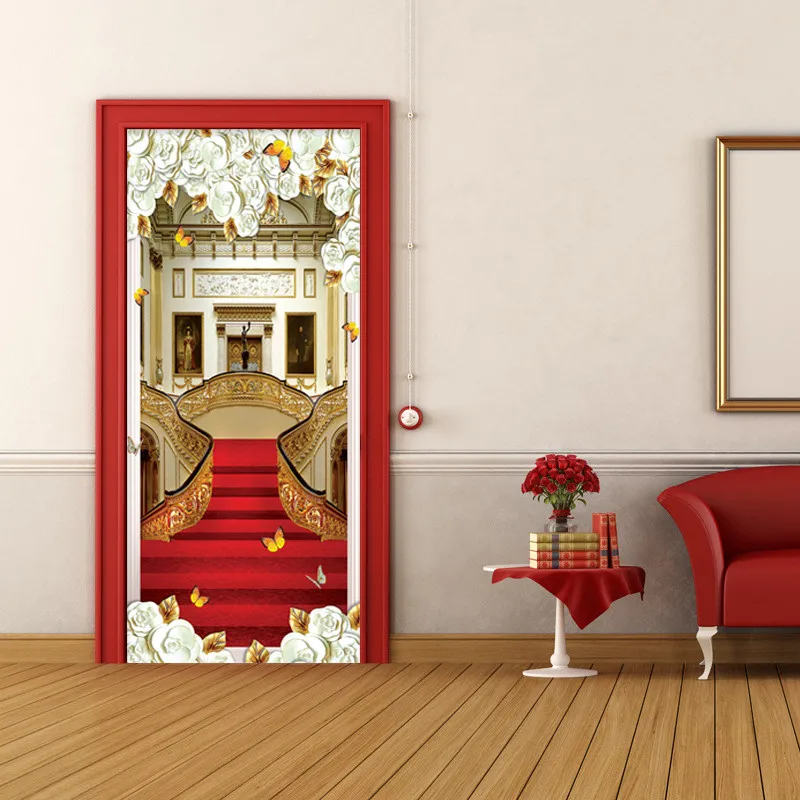 European Style Door Sticker 3D Stairs Red Carpet Wallpaper Living Room Hotel Home Decor Luxury Design Door Decals Wall Stickers