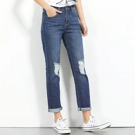 

2017 Button Zipper Fly Blue Women's Plus Size Stretch Jeans Knee Length Frayed Full Length Washed Denim Jeans