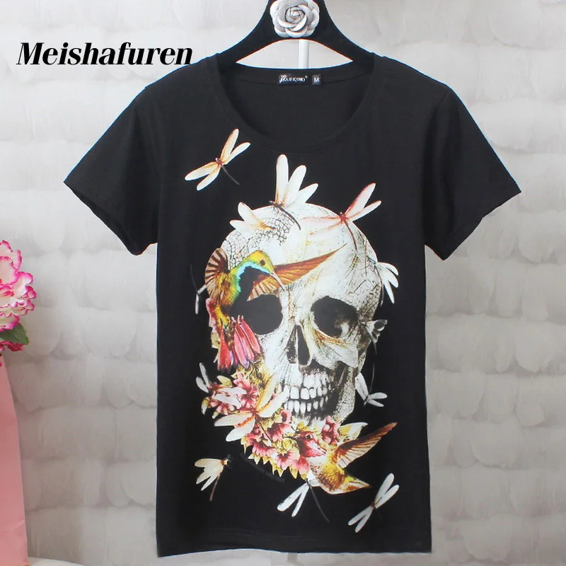 

2019Donna S-4XL Women Fashion T Shirt Colorful Skull And Bird Printed Short Sleeve Harajuku Style Summer Plus Size T-shirt T530Z