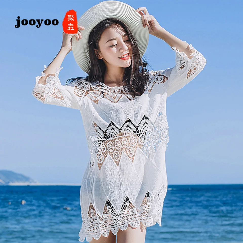 

Blouse Female Summer Seaside Resort Hot Spring Bathing Suit Jacket Openwork Lace Loose Sunscreen Beach Outside jooyoo