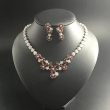 2017 NEW FASHION,luxury RED five leaves flower zircon golden necklace earring set,wedding bride party dress banquet jewelry