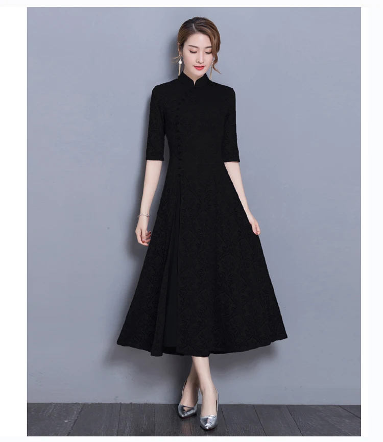 new vintage Lace Long dress women Summer Chinese Style A-Line dress Solid color Half sleeve Ankle-Length dress women