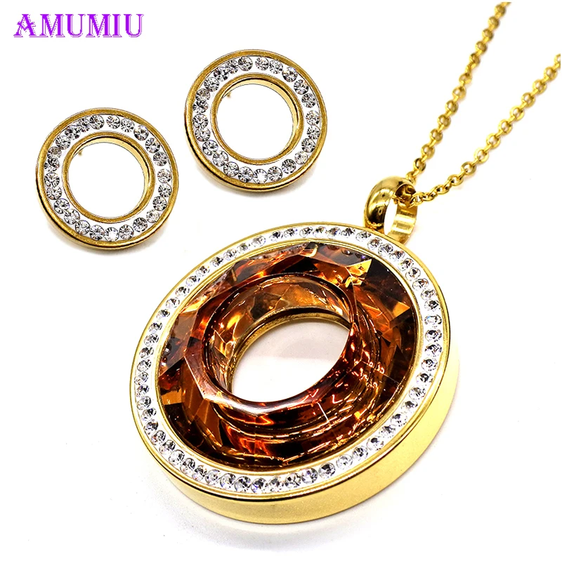 AMUMIU 2019 модное коричневое стекло кристалл индийское ожерелье серьги Ювелирные