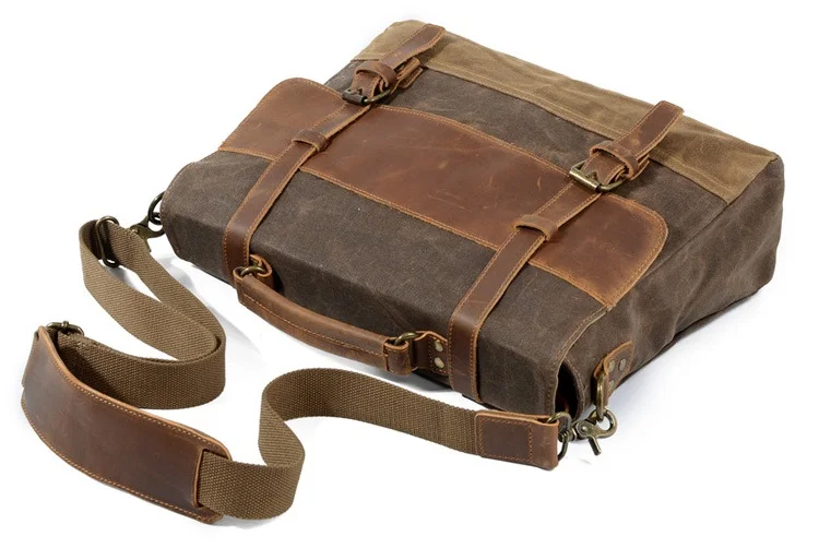 VORDERE ANZEIGE der Woosir Herren-Umhängetasche aus wasserdichtem Canvas-Leder für Computer und Laptops