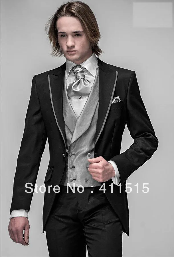 FREE SHIPPING/custom made cheap suits/Most Popular Black Peak Lapel Groom WEAR Tuxedos Groomsmen Men Wedding DRESS Bridegroom