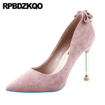 

suede size 4 34 shoes ladies korean thin high heels metal 2018 ultra super bow pointed toe extreme fashion sexy stiletto pumps