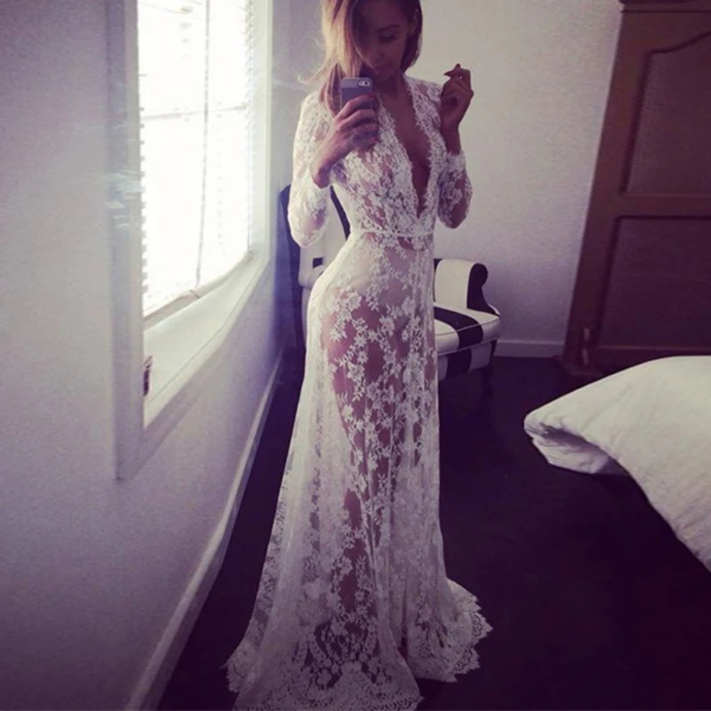 

Fashion Summer Women Asymmetrical Patchwork Dress Hollow Out Long Sleeve Lace Maxi Dresses