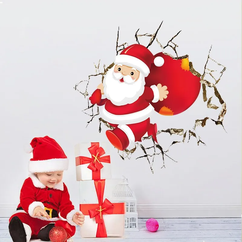 Buon Natale 3d.Nuovo Babbo Natale Sveglio Rotto Muro Buon Natale Wall Stickers Living Room Home Decor 3d Del Vinile Nuovo Anno Carta Da Parati Adesivo Christmas Wall Stickers Decoration 3dwall Sticker Aliexpress