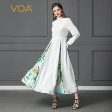 VOA Heavy Silk Pearl Beading Swing Dress Plus Size 5XL White Women Party Lantern Long Sleeve Belt Print Slim Tunic Spring A138