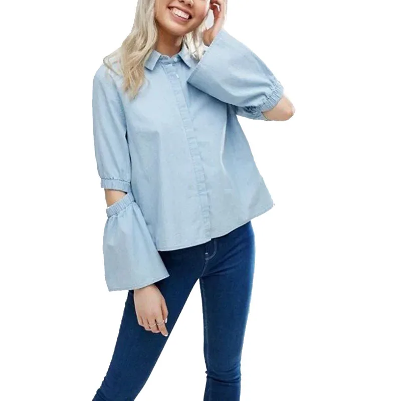 NYMPH European Style 2017 New Hollow Out Design Flare Sleeve Spring Summer Women Casual Shirt Lapel Denim Blouse Female Tops |