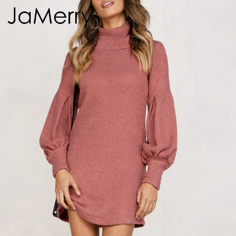 

JaMerry Vintage turtleneck lantern sleeve women dress Elegant female winter sweater dress Casual streetwear solid midi dresses