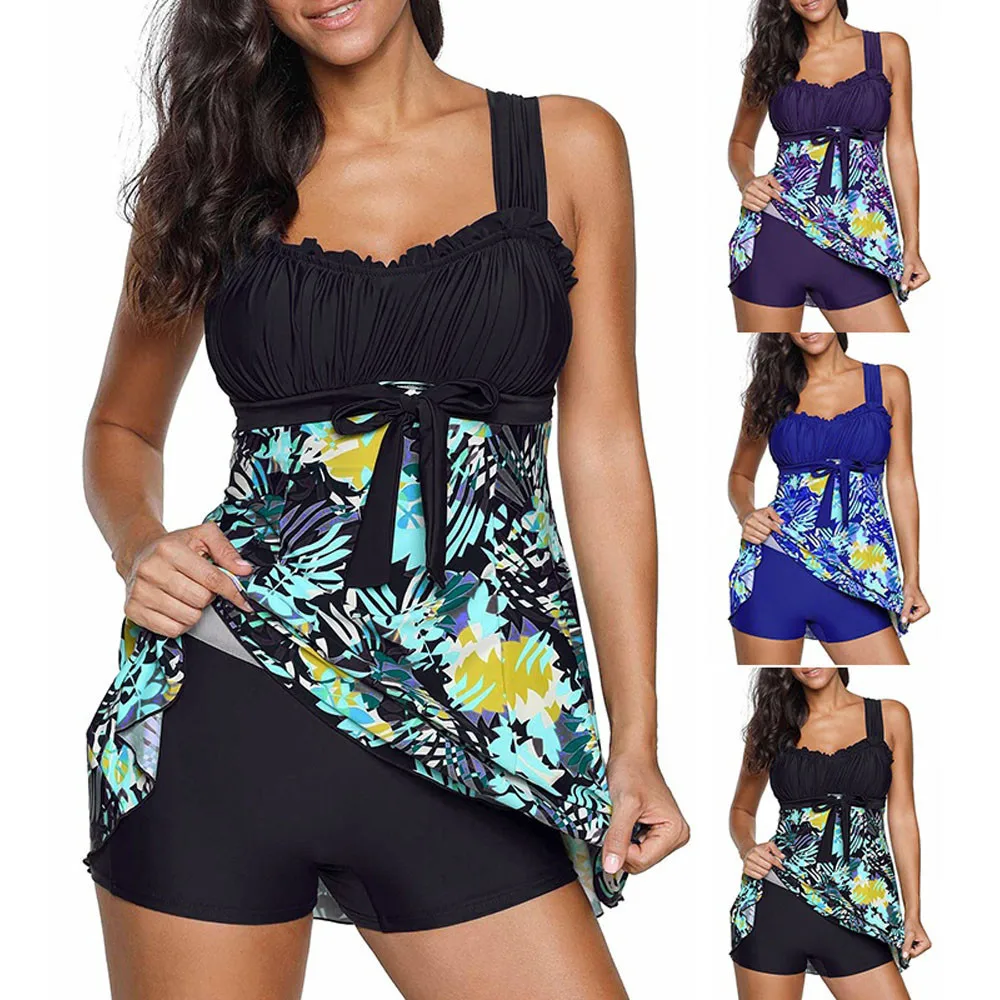 

Summer Women's Floral Print Swimwear Tankini Plus Size XL Swimdress Two Pieces Beachwear Padded Swimsuit High Waist Beach Dress