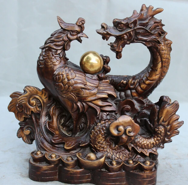 

free China Fengshui Folk Bronze Gild Dragon Phoenix Play Bead Auspicious Statue Pair fast