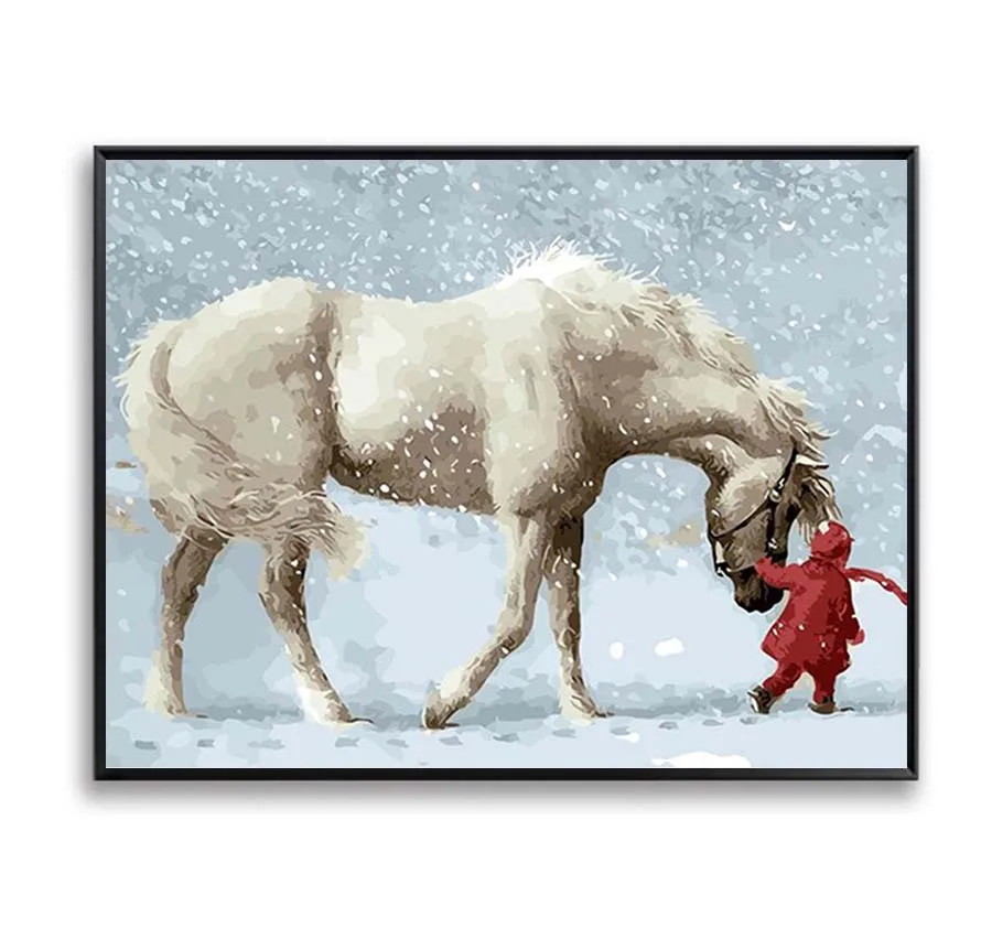 Настенные картины, живопись по номерам, сделай сам, цифровой холст, картина маслом, домашний декор, настенная живопись, Белая лошадь, девушка в зимнем SZH-353