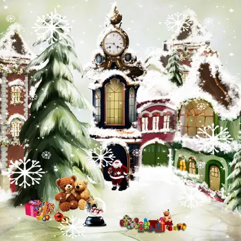 

Christmas snow house pine tree bear toy gift baby child Photo Background Backdrop Quality Vinyl