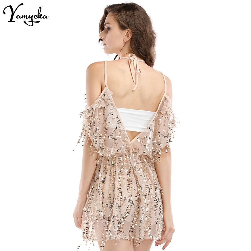 2018 Summer Sexy Black Gold Sequins Tassel V-Neck Women Jumpsuit Short Playsuit Romper Club Combinaison Bandage Overalls 2018 