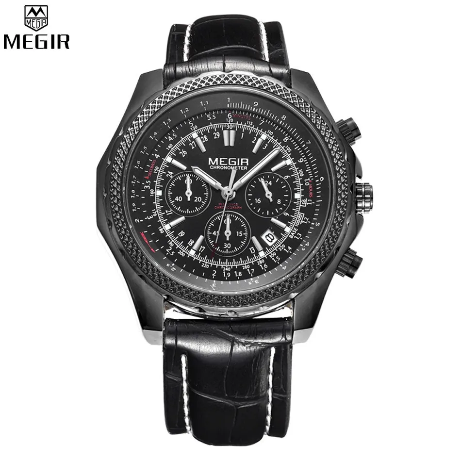 

MEGIR Brand Men Watches Pilot Chronograph 24 Hours Function Watch Auto Date Leather Strap Black Quartz Watch relogios /ML2007-5