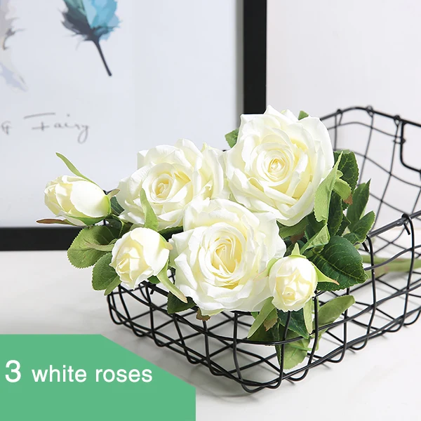 CHENCHENG, 3 штуки, 2 головки, настоящий искусственный цветок, букет роз, искусственный цветок из шелка, украшение для дома, свадьбы, вечеринки, осени - Цвет: Белый