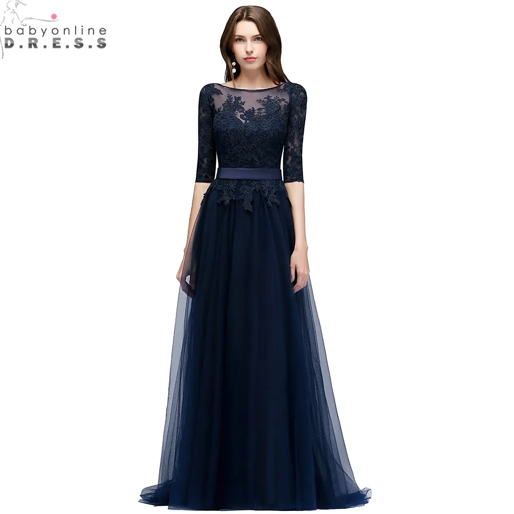 

New Arrival Navy Blue Lace Long Evening Dress Elegant Half Sleeve Tulle Evening Gowns with Sashes Robe de Soiree Longue
