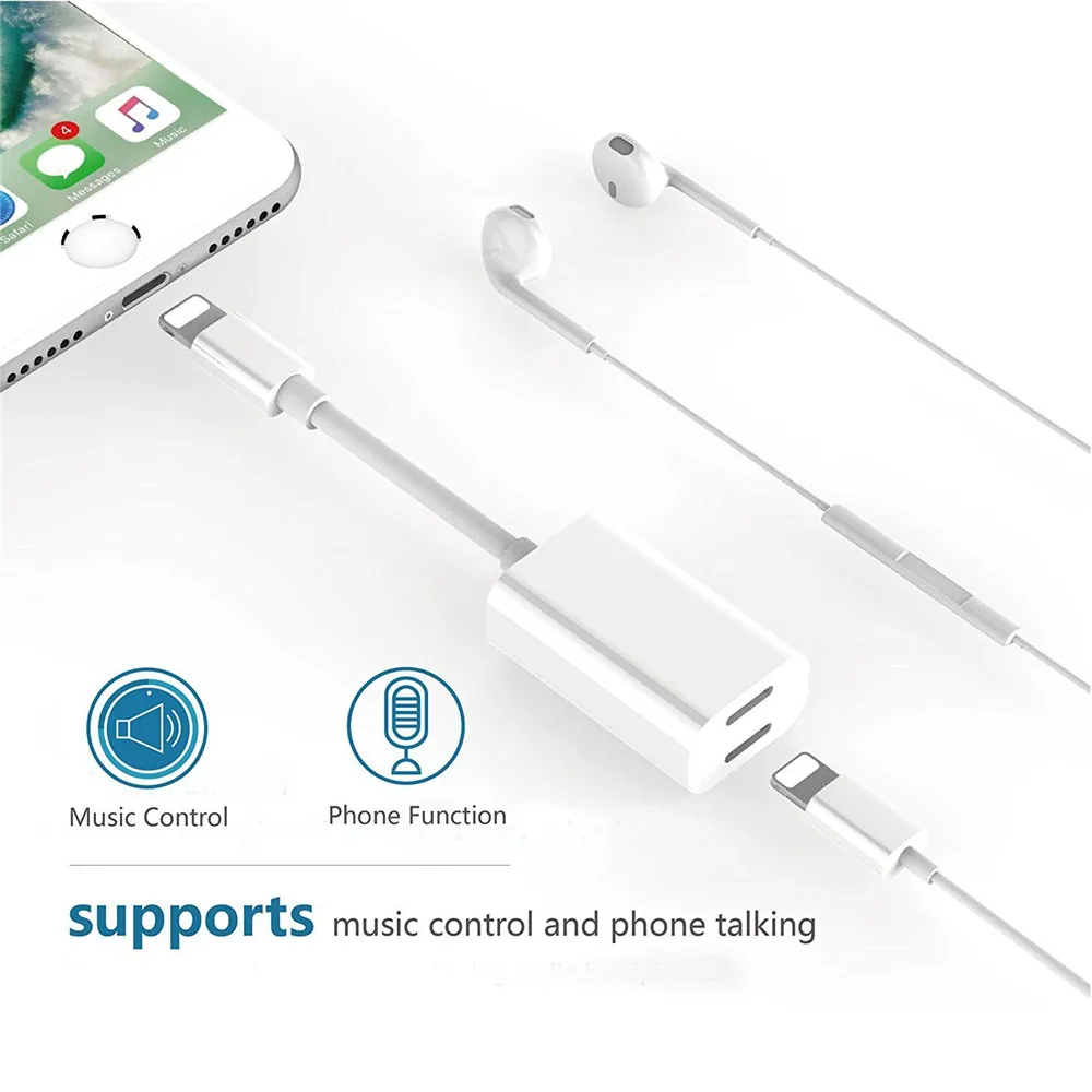 Dual Lightning Aux Adapter Splitter for iPhone X 8 8 Plus 7 7 Plus 6 Headphone Audio Sync Data Charging Adapter for Apple Phone