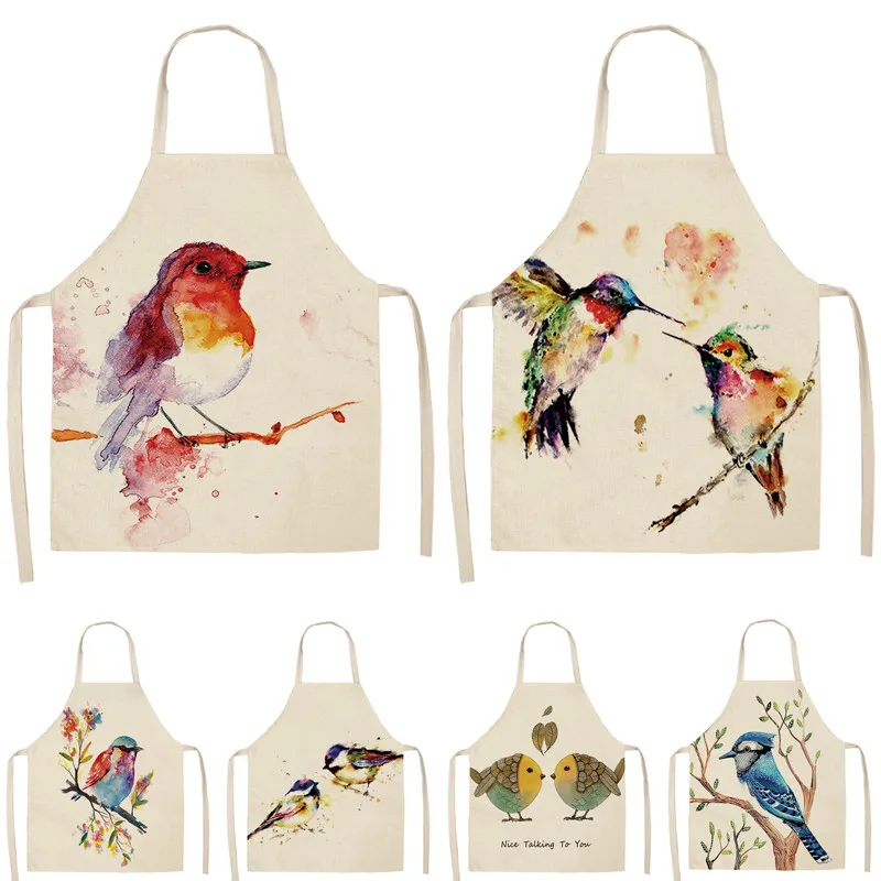 

1Pcs Bird Branch Pattern Kitchen Aprons for Women Cotton Linen Bibs Household Cleaning Accessories Cooking Apron 53*65cm A1017