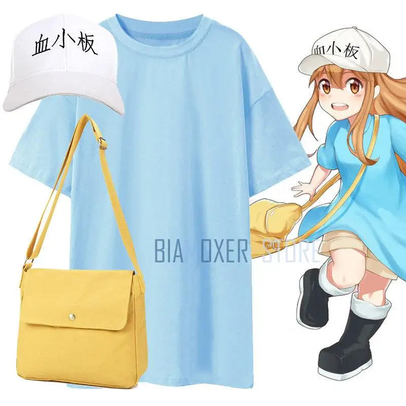 Biamoxer Cells At Work Platelet T-shirt Cap Bag Set Outfit Blue Top White hat Yellow Shoulder Bags Cosplay Costume Custom Made |