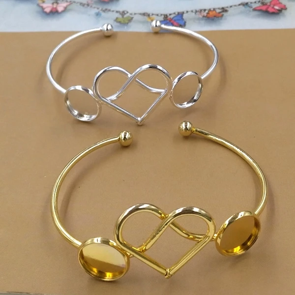 Vintage Open Cuff Bracelet Settings Heart Bangle Blank Base Trays Bezel for 12mm Cabochon Cameo DIY Bracelet Findings