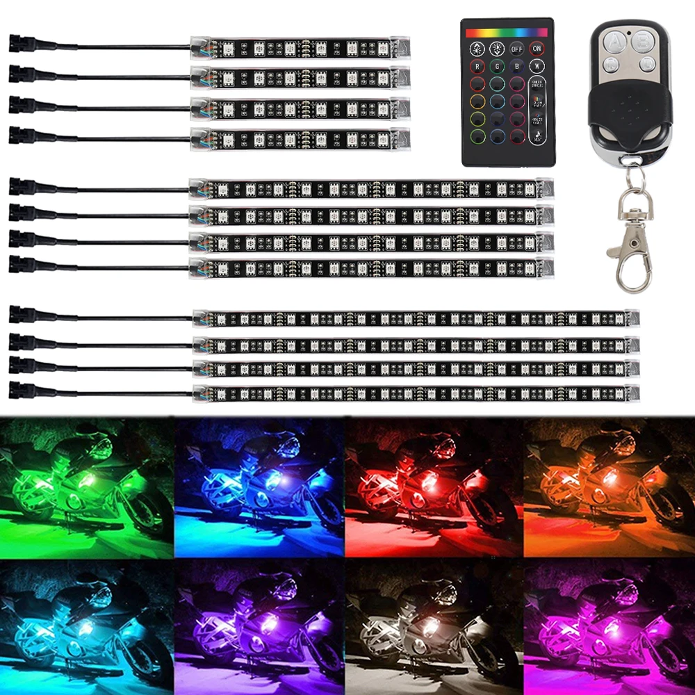 

12pcs Motorcycle Bike LED Light Strips RGB Glow Neon Lights Kit Remote Control Motorcycles Decorative Lightings