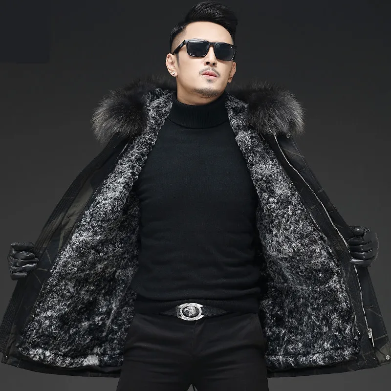 

2019 new men's long jacket raccoon fur collar winter warm jacket men's rabbit fur lining luxury fur coat