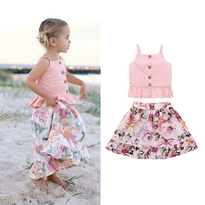 

Baby Clothes Set Summer Sleeveless Lovely Pink Tank Top+Floral Print Skirt 2PCS Kids Clothes Girl Costume