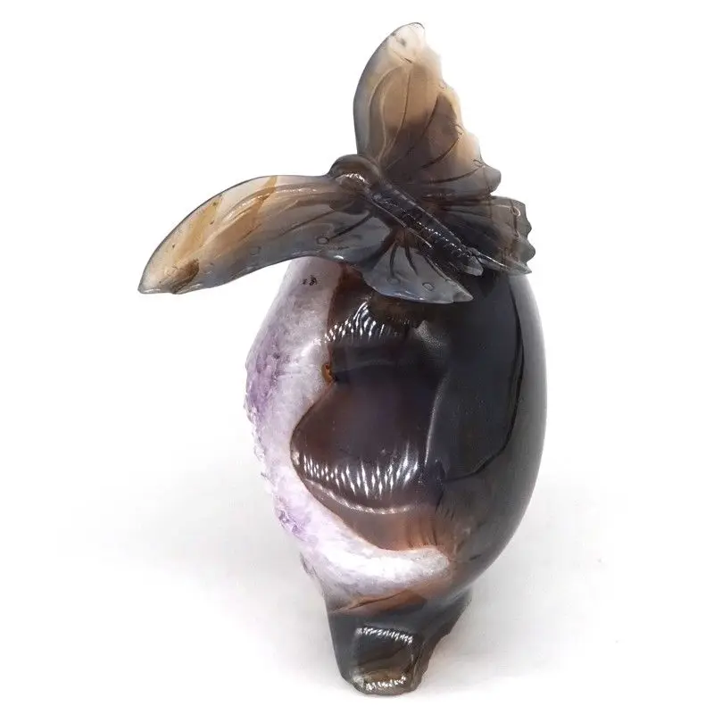 4.9" Butterfly Statue Natural Agate Amethyst Geode Crystal Carved Crafts Decorin Statues