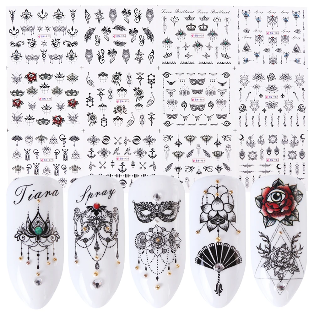 Черные ювелирные изделия, переводные наклейки для ногтей с цветами, обертывания для ногтей, водяные знаки, клейкая фольга, украшения для ногтей, наклейка для маникюра, SABN973-984