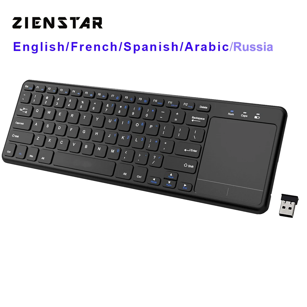 Продажа Zienstar2.4 ГГц тачпад Беспроводная клавиатура для Windows PC, ноутбука, ios pad, Smart TV, HTPC IPTV, Android Box, английский Россия Fr Арабский