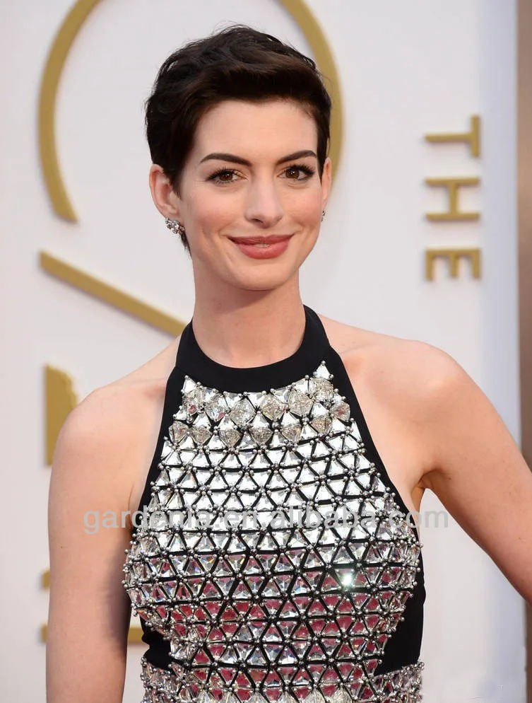 Sheath Halter floor length Open Back Sequined Oscar Anne Hathaway Satin Red carpet imitation celebrity dresses