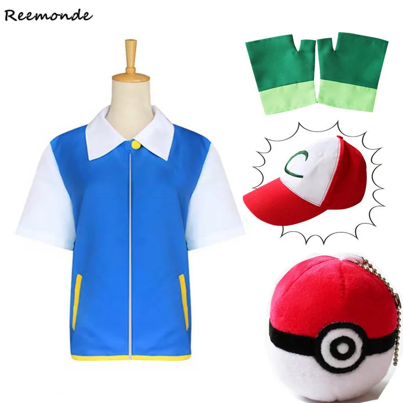 

Anime Pokemon Ash Ketchum Cosplay Costumes Pocket Monster Jacket Gloves Hats Caps Ash Ketchum Ball Full Set Boys Girls Clothes