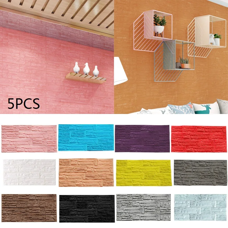 5Pcs 3D PE Foam Wallpaper DIY Wall Stickers Wall Decor Brick Home Decoration Living Room Bedroom