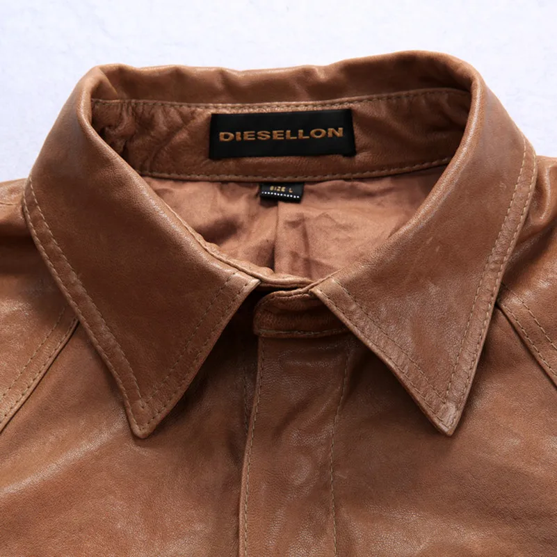 Новое поступление мужская модная кожаная рубашка коричневая рубашка из овчины с отложным воротником мужская Тонкая кожаная куртка мужская M-XL