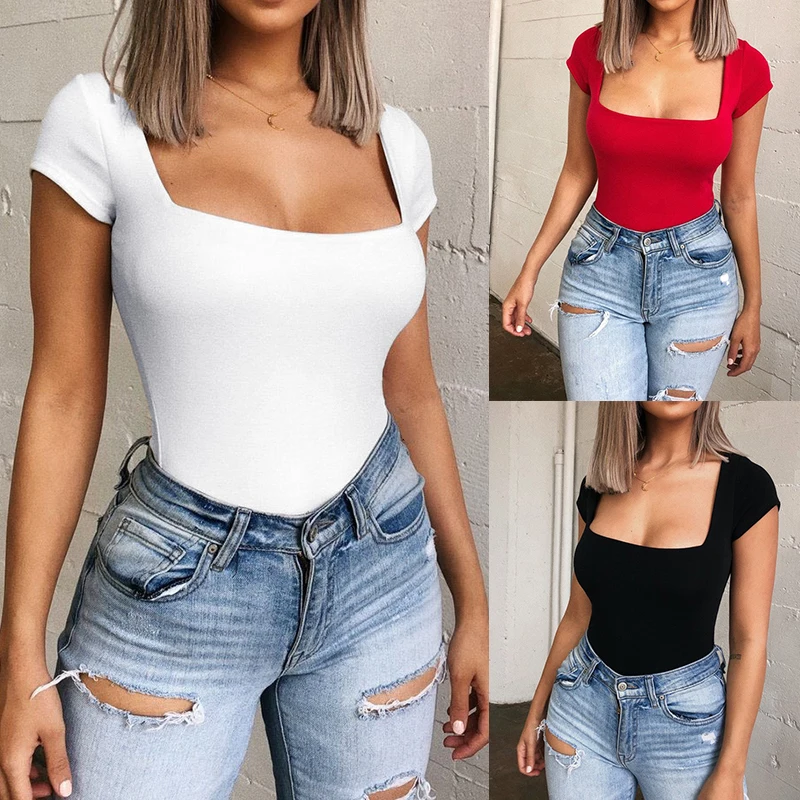 Women's Summer Bodysuit White Red Office Ladies Bodysuit Woman Sexy Short Sleeve Casual Body Tops Playsuit Clubwear Body Suits