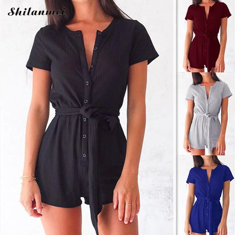 Women Sexy cotton romper jumpsuit short v neck summer high waist beach
