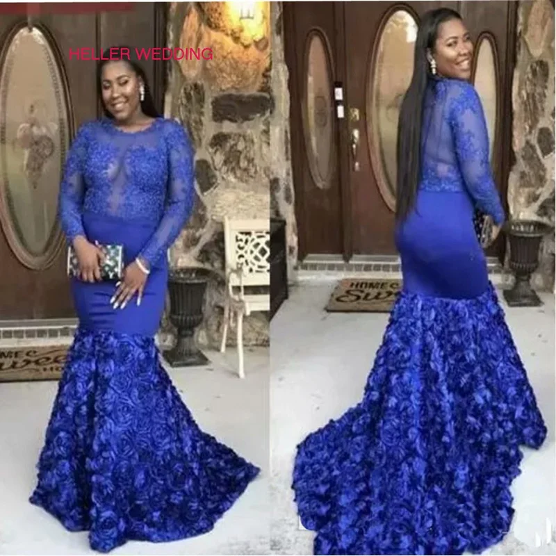 Ярко-синий длинный рукав Prom Dress Mermaid круглым вырезом Прозрачная Африканское платье для выпускного плюс Размеры Vestidos Baile Latino Mujer De Finalistas