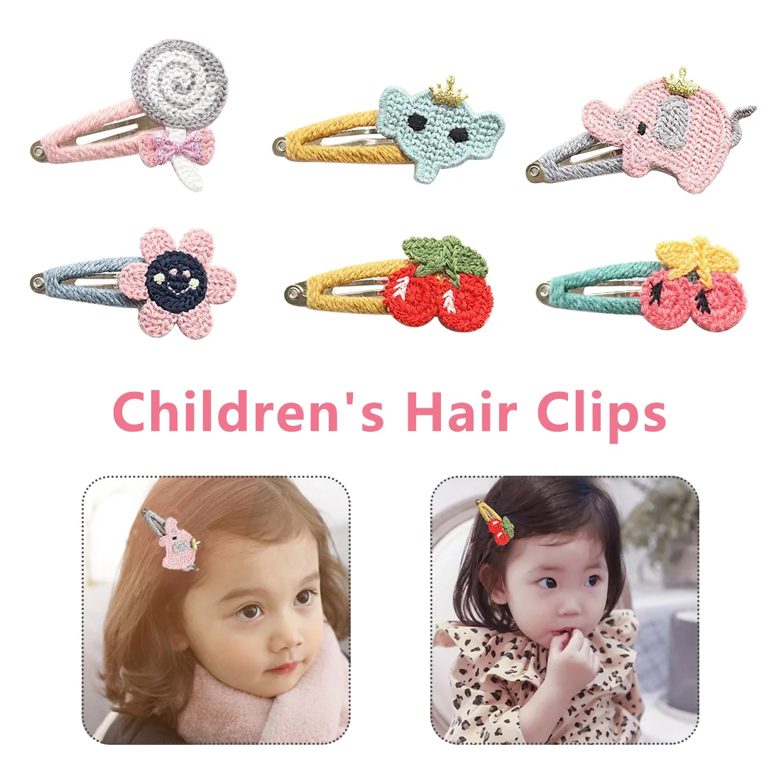 

Knitting Cherry Flowers Snap Hair Clips Cute Girls Lollipop Elephant Hairpins Barrettes Butterfly Bunny Hairpins