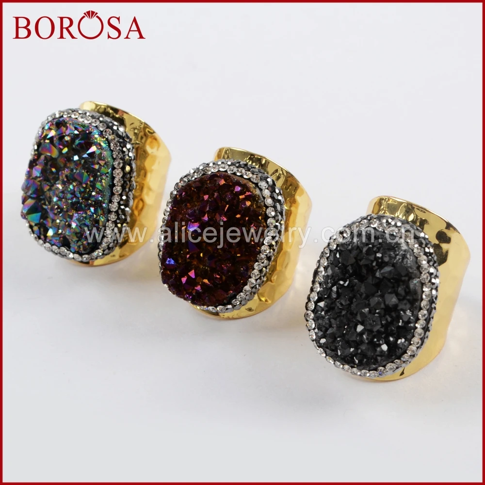 

BOROSA 5pcs Oval Natural Titanium Druzy Band Ring Crystal Pave Plating Color Rainbow Quartz Stone Rings for Women JAB938